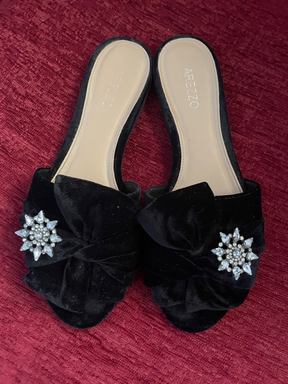 Arezzo Black Velvet Bow Mules with Crystal Star Accents